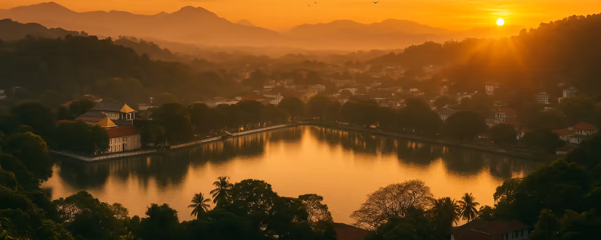 Sunrise panoramic view of Kandy city with lake and temple, perfect for travel inspiration.