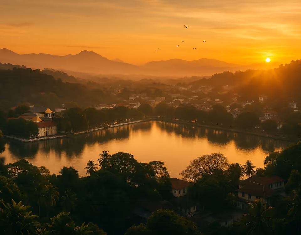 Sunrise panoramic view of Kandy city with lake and temple, perfect for travel inspiration.