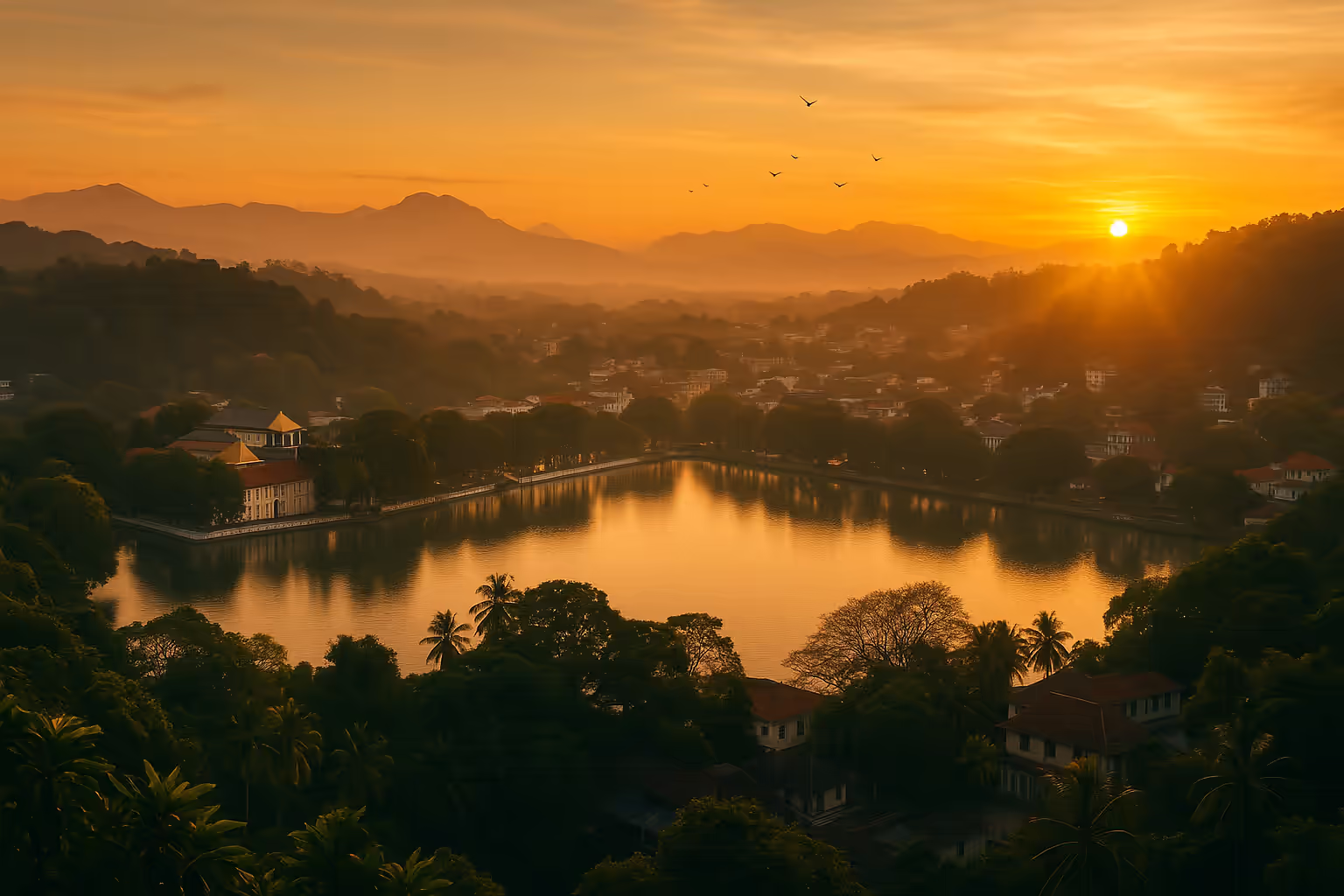 Sunrise panoramic view of Kandy city with lake and temple, perfect for travel inspiration.